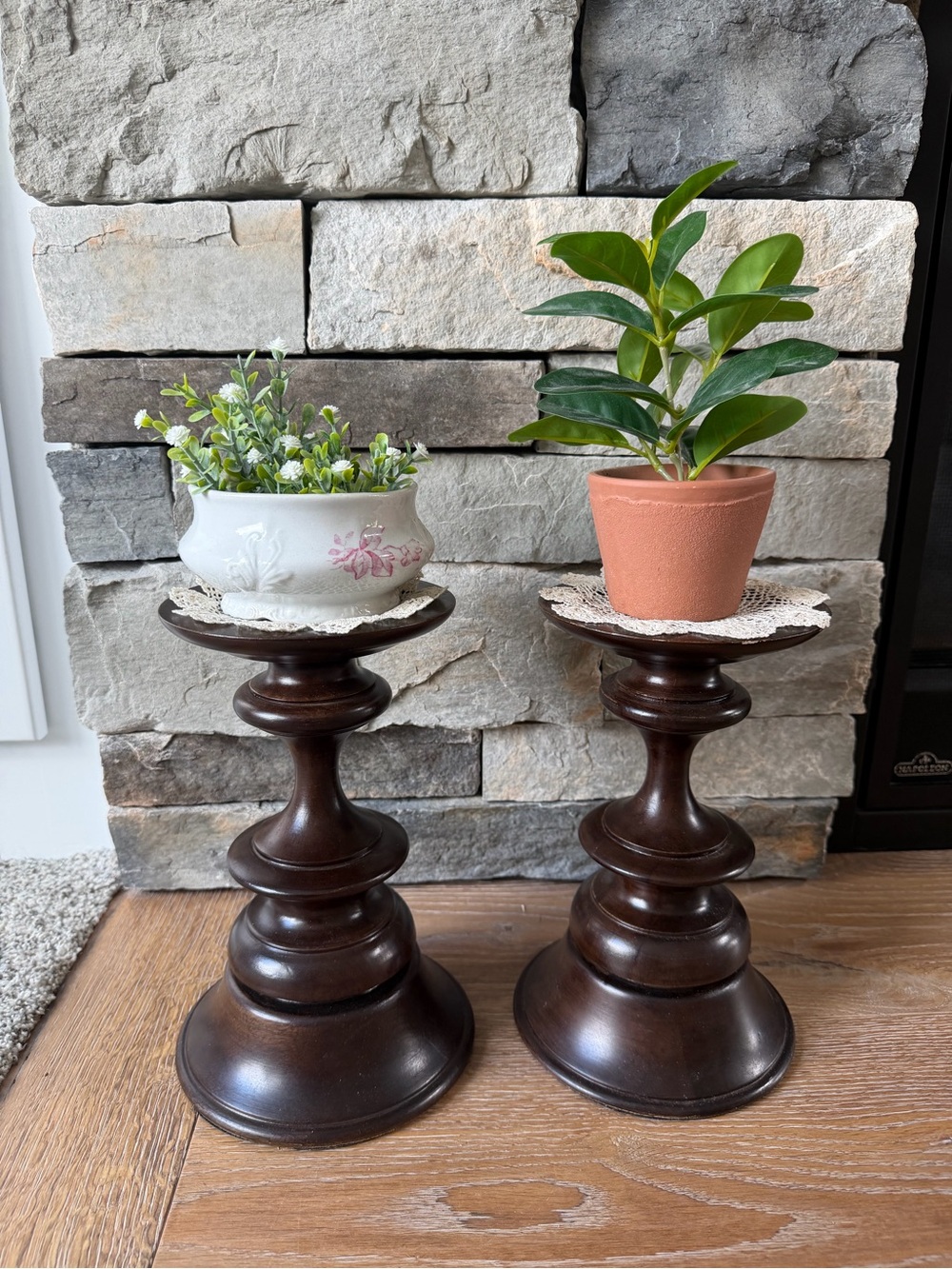 Pottery Barn Dark Brown Wooden Pedestal Candle Holders - Pair